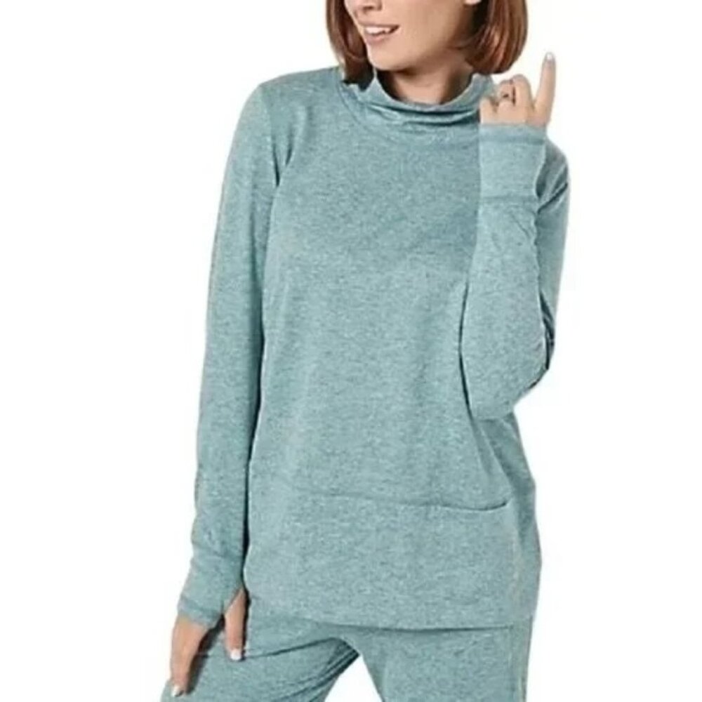 Susan Graver SG Sport Regular Heather Knit Funnel Neck Top Small Mystic Jade NEW